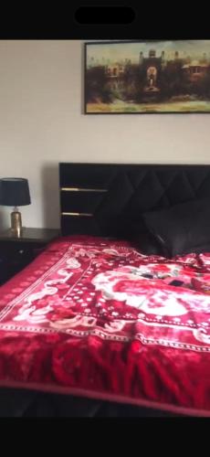 a bed with a red blanket on top of it at Luxury Aparment in Islamabad