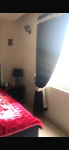 a bedroom with a red bed and a window at Luxury Aparment in Islamabad