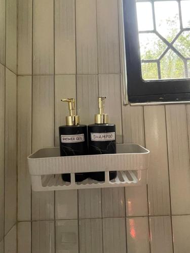 a bathroom shelf with two bottles of soap at Serene homes in Mwanza