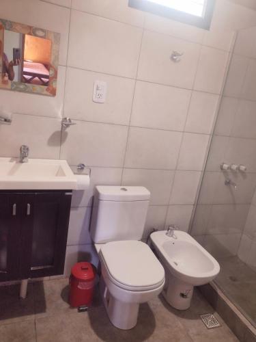 a bathroom with a white toilet and a sink at Casa Munay para dos personas in Uspallata