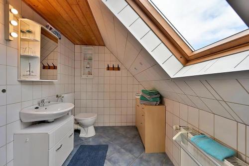 a bathroom with a sink toilet and a skylight at Gerstels Ferienhof in Hörselberg-Hainich