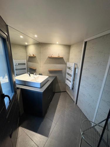 a bathroom with a sink and a mirror at Les lauriers du loft in Pazayac