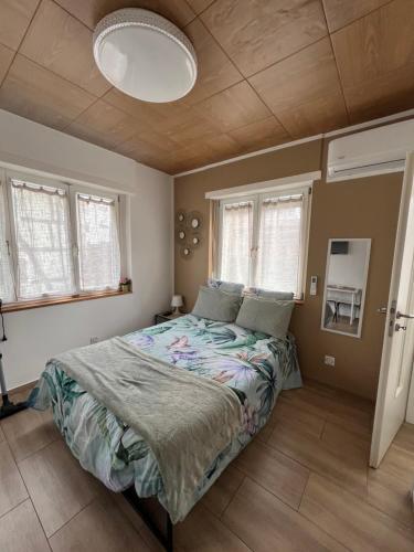 a bedroom with a large bed with a wooden ceiling at Maison letiluca in Hésingue