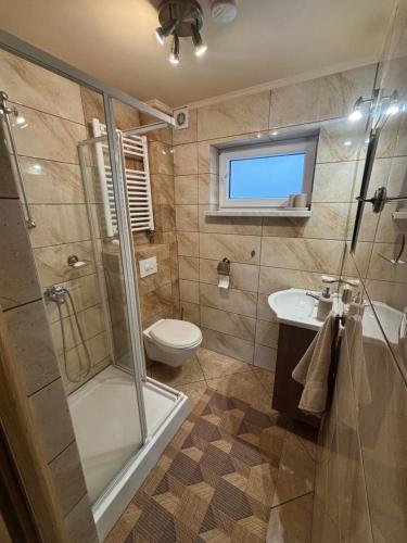 a bathroom with a shower and a toilet and a sink at Domek u Hani - domek 6 osobowy, z ogrodem i tarasem, Wisła in Wisła