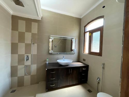 a bathroom with a sink and a mirror at The Landing Nest - Villa in Srinagar