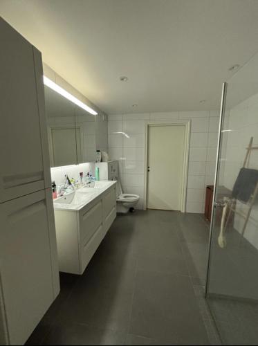 a white bathroom with a sink and a toilet at Etterstad in Oslo