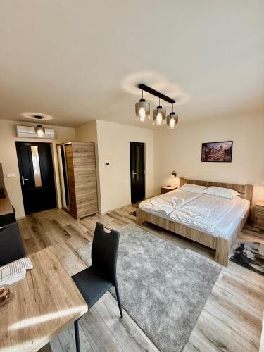 a bedroom with a bed and a desk and a chair at AKZ Apartman in Makó