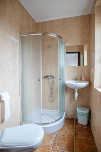 a bathroom with a shower and a toilet and a sink at NOCLEGI Święta Katarzyna CENTRUM in Święta Katarzyna