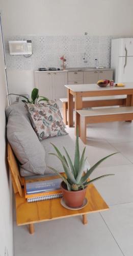 a bedroom with a bed and a table with a potted plant at Garden House Canastra in Delfinópolis
