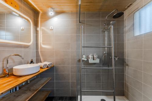 a bathroom with a shower and a sink at Le Chalet de la Leyre in Le Teich