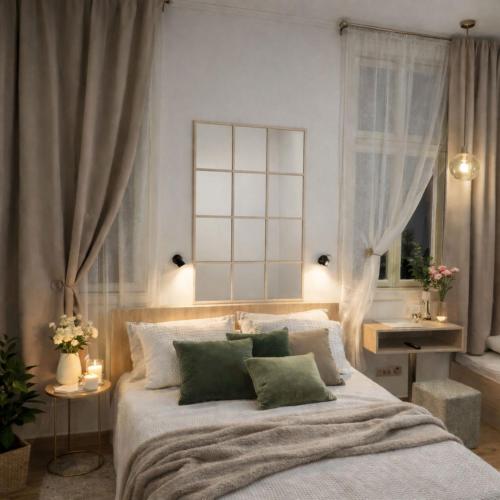 a bedroom with a large bed with green pillows at IMAGINATOR RESIDENCE-Pool is extra pay- Parking 2 free space in Novi Sad