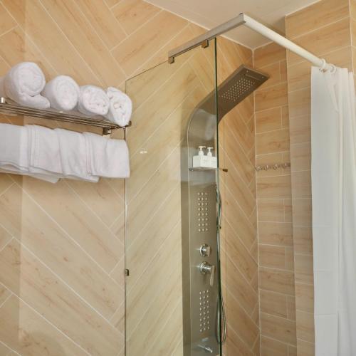 a shower with a glass door in a bathroom at Hilaria Hotel in Vạn Ninh