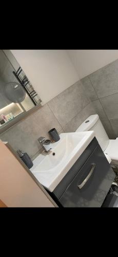 a bathroom with a white sink and a toilet at Cambridge Villa St Annes in Lytham St Annes