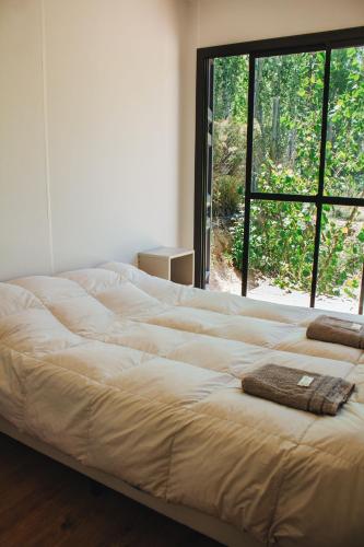 ein großes Bett in einem Zimmer mit einem großen Fenster in der Unterkunft Container House in Cacheuta