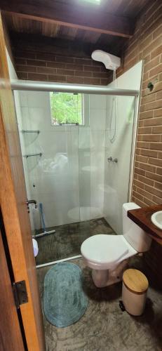 a bathroom with a shower and a toilet and a sink at Cabana na Mata Paraíso da Serra in Aquidauana
