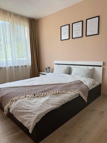 a bedroom with a large bed with two pictures on the wall at The Walnut Nest in Sapareva Banya