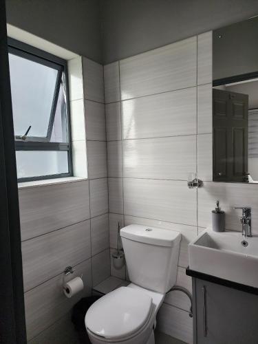a bathroom with a white toilet and a sink at Leaf Mbabane CBD Apartment in Mbabane