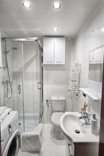 a bathroom with a shower toilet and a sink at Apartamenty Green Garden z ogrodem i przyjazne dla zwierząt, Racibórz in Racibórz
