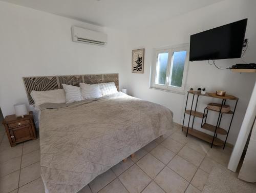 a bedroom with a bed and a flat screen tv at Logement cosy avec piscine chauffée, jacuzzi, jardin et climatisation in Flayosc