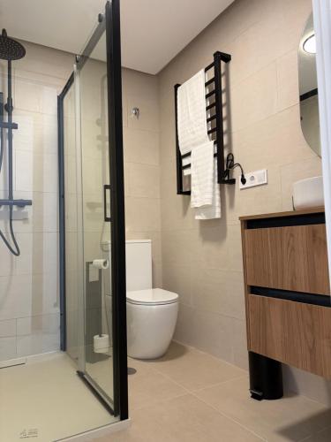 a bathroom with a toilet and a glass shower at Mi Sitio in Sitio de Calahonda