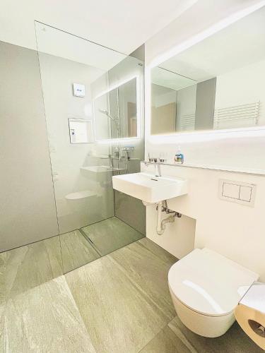 a bathroom with a toilet and a sink at Relax - Haus Swiss in Grächen