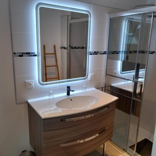 un bagno con lavandino e specchio di Le Caloan a Maen Roch