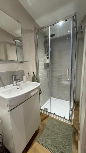 a bathroom with a white sink and a shower at The Hive in Bream