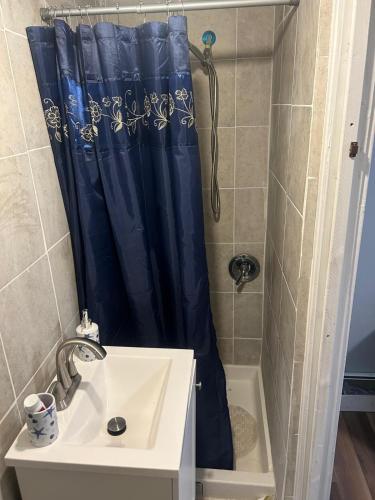 a bathroom with a blue shower curtain and a sink at Grove 3- King Bed with Private Bathroom in Irvington