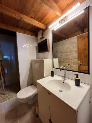 a bathroom with a sink and a toilet and a mirror at Fleur de Falaise in Bonifacio