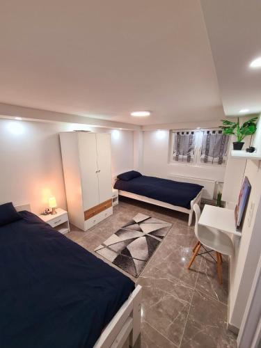 a bedroom with two beds and a desk and a sink at Villa basement Apartment in Ennigerloh