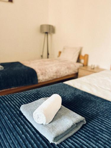 a white towel sitting on top of a bed at Blue Shell Apartments in Kotor