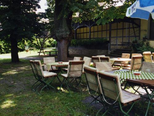 a group of tables and chairs in the grass at Gast- und Pensions-Haus Hodes in Rudolstadt