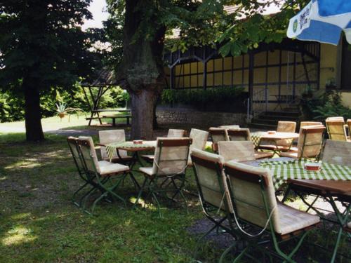 eine Gruppe von Tischen und Stühlen im Gras in der Unterkunft Gast- und Pensions-Haus Hodes in Rudolstadt