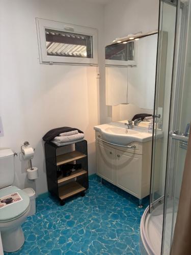 a bathroom with a toilet and a sink and a shower at Launie Lea Chambre d'Hotes in Eyzerac