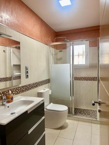 a bathroom with a toilet and a sink and a shower at Hispalis villa de Espartinas in Espartinas
