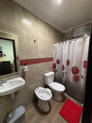 a bathroom with a sink and a toilet and a shower at Sarr in Santa Fe