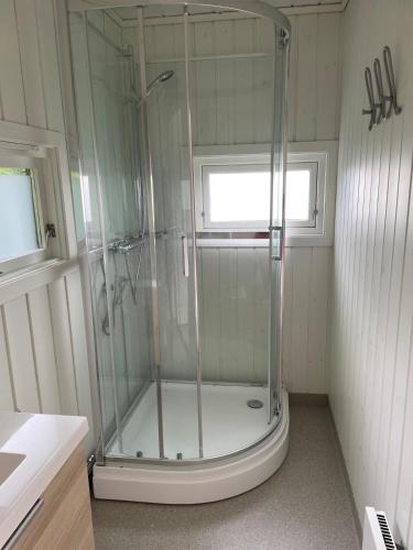 a shower with a glass door in a bathroom at Peaceful seaside cabin with guest house - large private outdoor areas and boat available on request in Eigebrekk