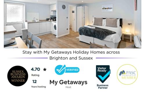 a bedroom with a bed and a kitchen with a desk at The Patch with free parking By My Getaways in Brighton & Hove