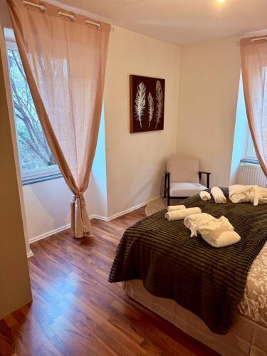a bedroom with a bed and a large window at Le Cosy Home in Guebwiller