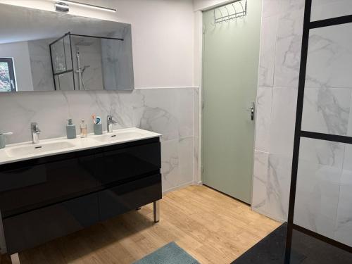 a bathroom with a sink and a shower at Chalet dans la nature in Palisse