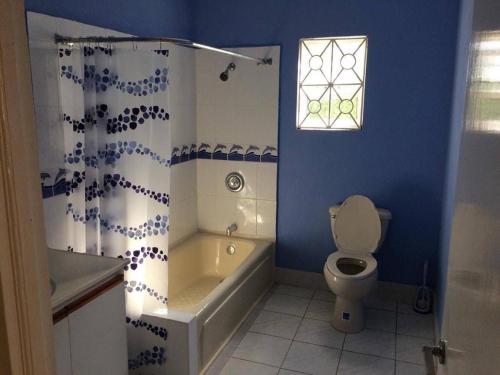 a bathroom with a toilet and a bath tub and a window at Montego Bay Sea View Guesthouse in Montego Bay
