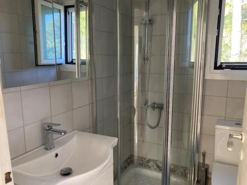 a bathroom with a sink and a shower at Lagonisi Cottage - with spacious garden in Áyios Nikólaos