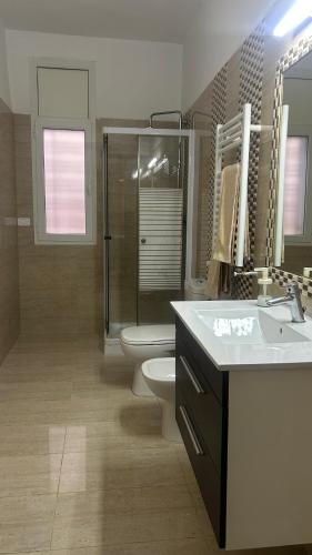 a bathroom with a toilet and a shower and a sink at Da Dora in Dar el Haj Ahmed Souid