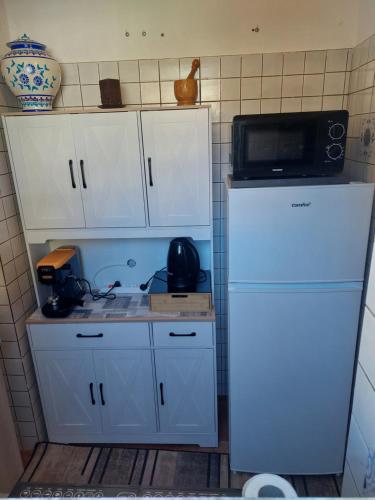 a kitchen with a microwave on top of a refrigerator at L'Antica Corte in Mongardino