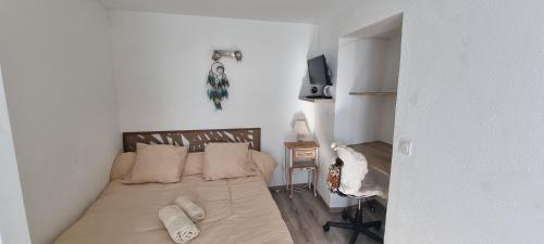 a bedroom with a bed with pillows and a television at Petit duplex atypique in Furiani