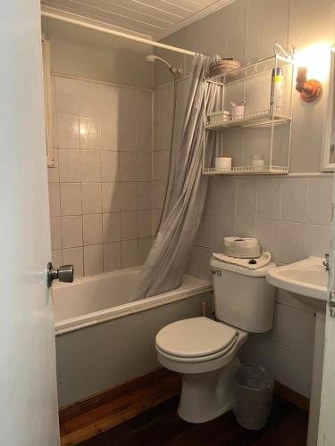 a bathroom with a toilet and a tub and a sink at Casa Krampus Hospedaje y Cervecería in Valdivia