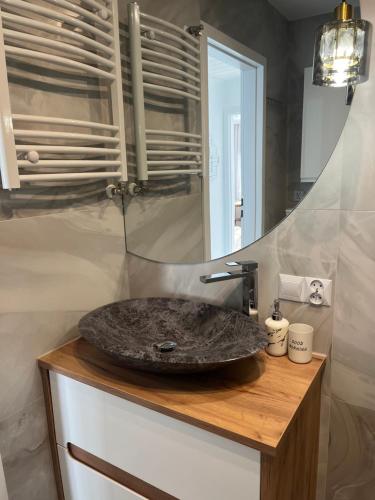 a bathroom with a stone sink and a mirror at Apartament Korczaka możliwość wystawiania Faktur, WI-FI in Suwałki