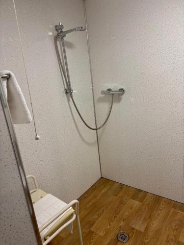 a shower in a room with a wooden floor at The Milking Parlour in Aberystwyth