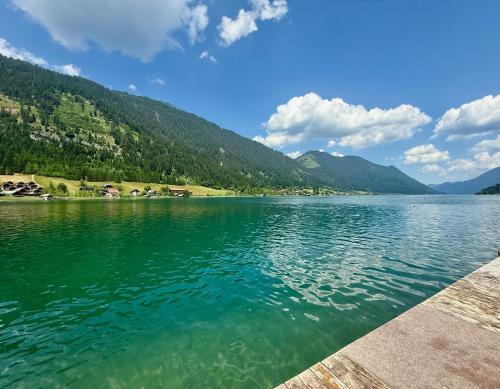 a view of a lake with mountains in the background at Arriach Apartments in Arriach