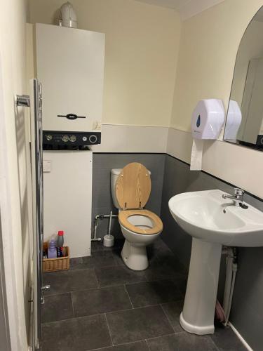 a bathroom with a toilet and a sink at Azalea apartments top floor in Sunderland